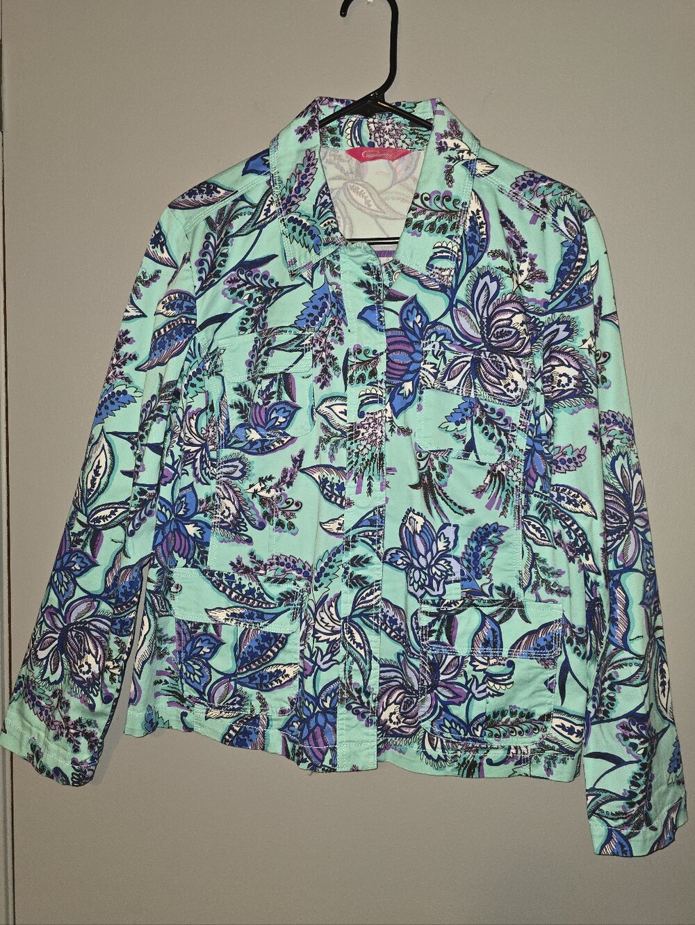 Pappagallo Turquoise Floral Button-Front Jacket with 4 Pockets